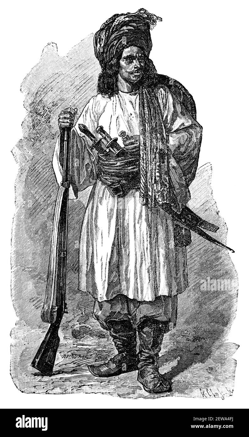 Afgan soldier in Russian Service. Culture and history of Asia. Vintage antique black and white illustration. 19th century. Stock Photo