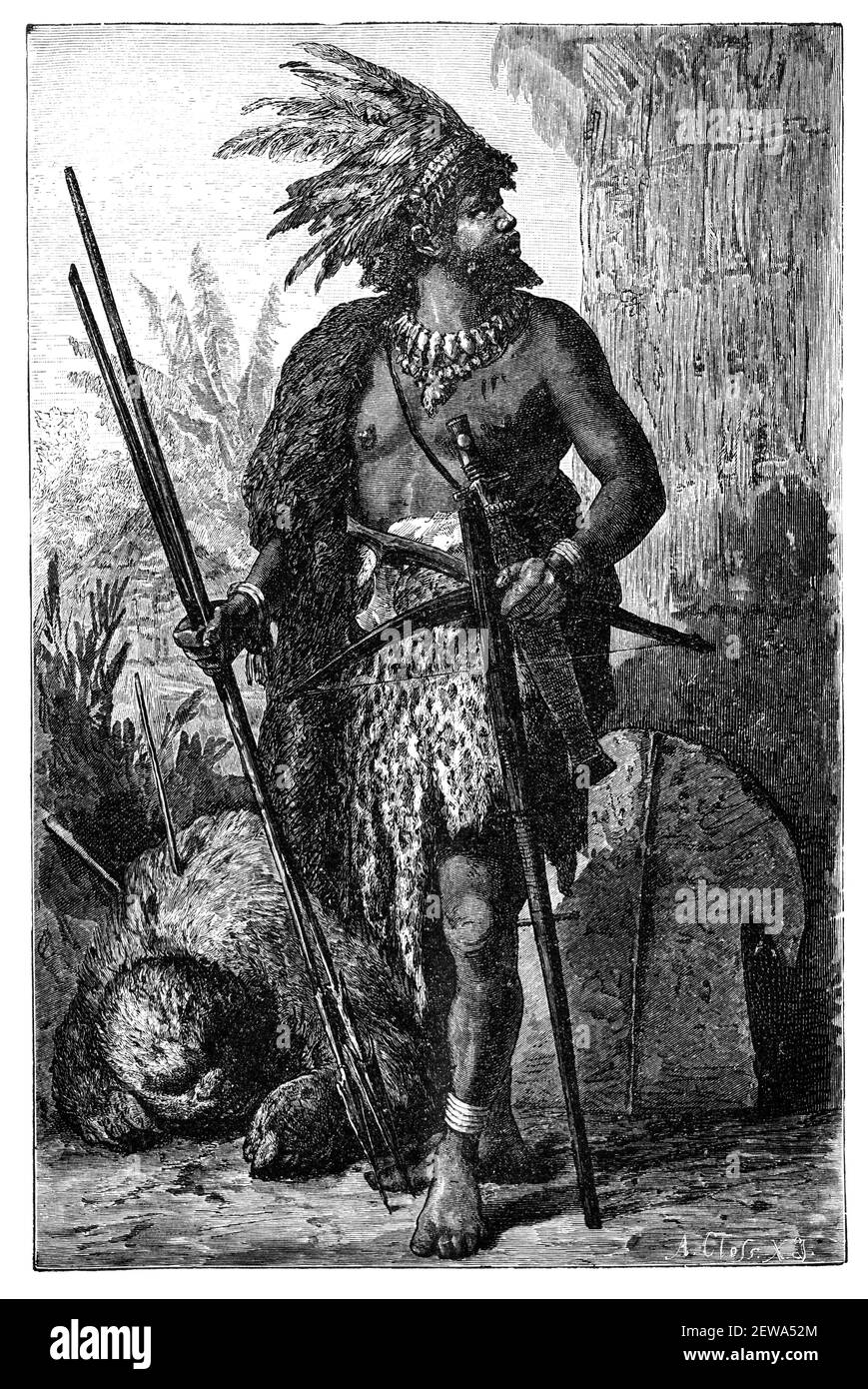 Chieftain or tribal chief with killed gorilla. Congo. Culture and history of Central Africa. Vintage antique black and white illustration. 19th century. Stock Photo