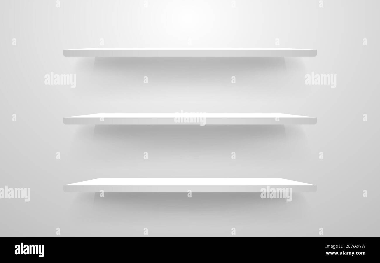 White shelf mockup. Empty shelves template. Realistic bookshelf design. Home interior elements on a wall. Modern horizontal shelf. Vector illustration Stock Vector
