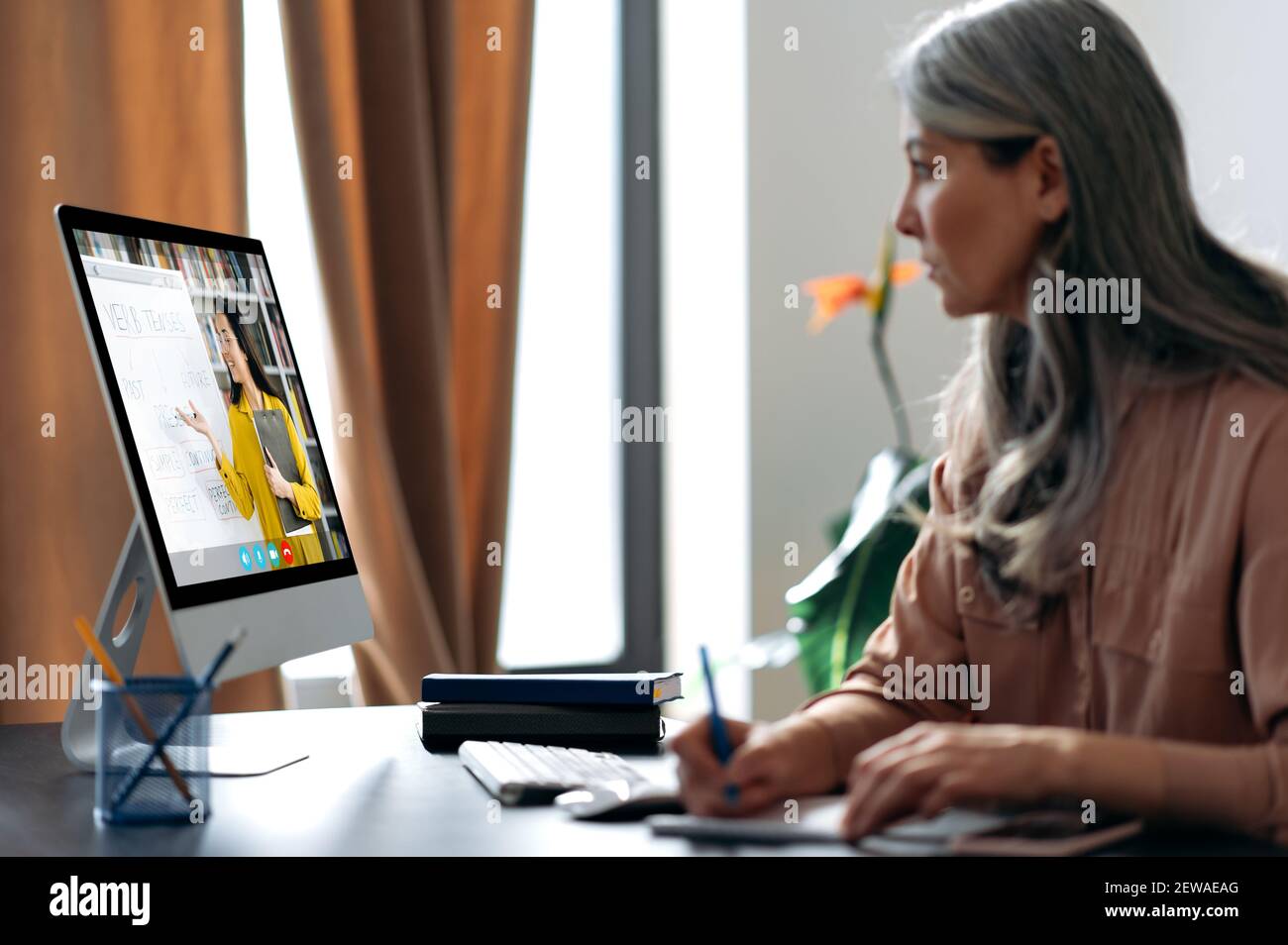 Distance learning. Concentrated aged gray-haired woman studying online via video call uses app and computer, sitting at her work desk, listens to an online lesson, on the screen is the teacher near Stock Photo