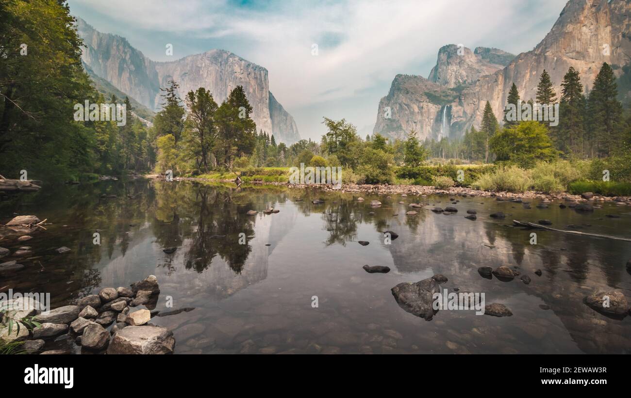 Yosemite Valley View of El Capitan and Bridalveil Falls Stock Photo