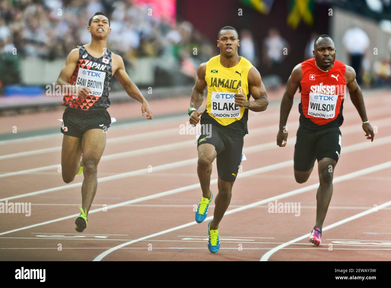 Yohan Blake (JAM), Abdul Hakim Sani Brown (JPN), Alex Wilson (SWI). 100 metres men Semifinals, IAAF World Championships London 2017 Stock Photo