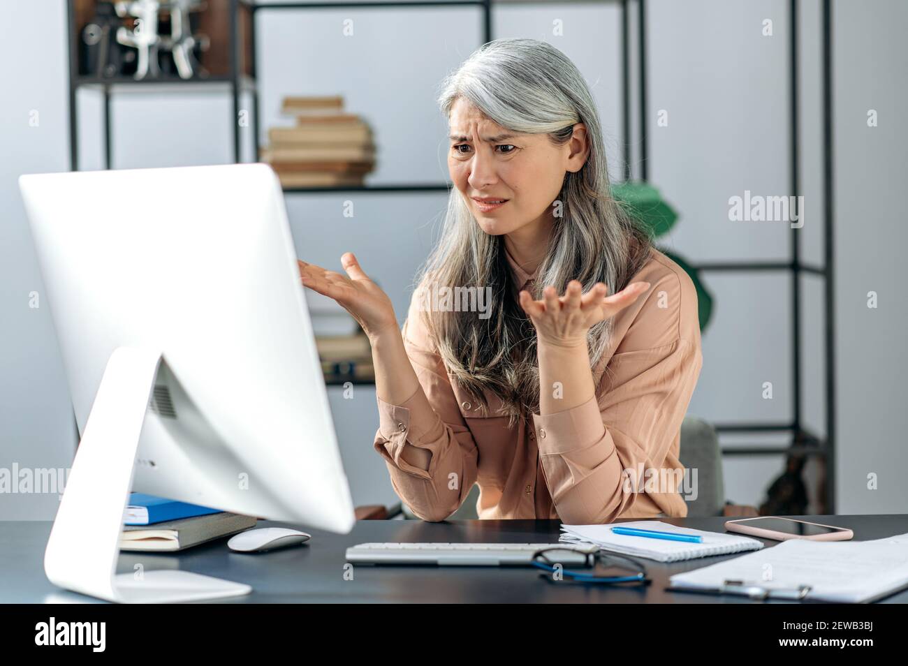 Confused gray-haired mature lady, business woman manager or consultant, looking at the computer in confusion, received an incomprehensible message, or strange news Stock Photo