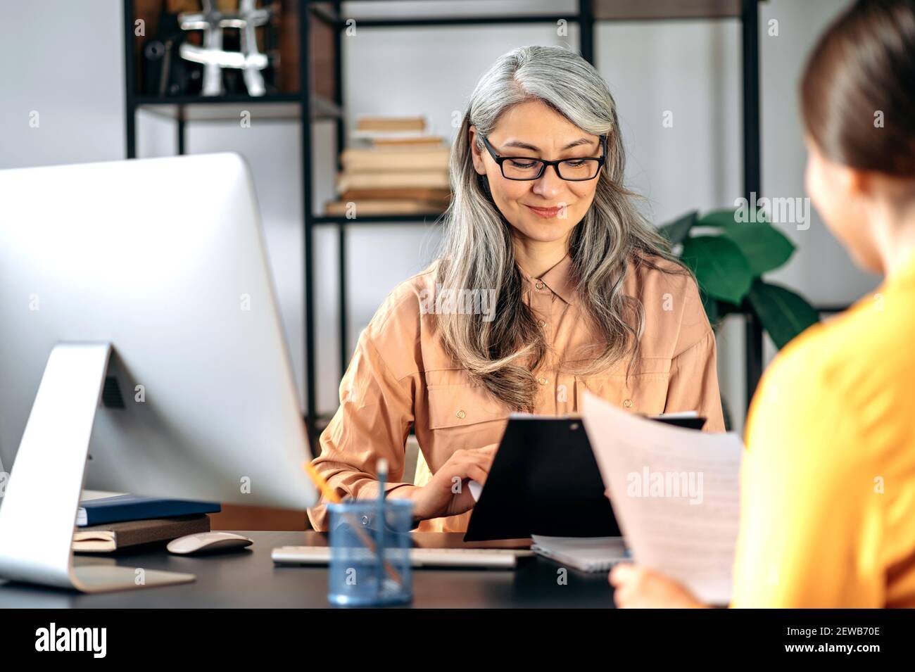 Friendly female mature hr manager listening and looks a resume of a new applicant introduction for a job. Gray-haired female employer talks and meets with female job seeker. Stock Photo