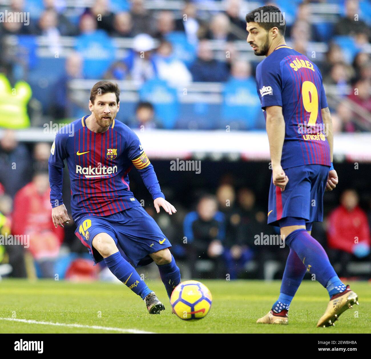 Mesi Ss FC Barcelona's Leo Messi (l) and Luis Suarez during La Liga match ...