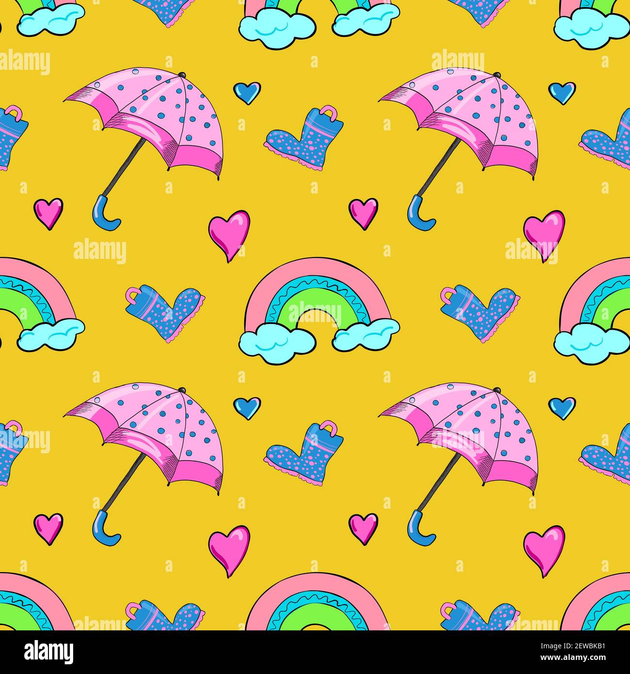 seamless vector pattern with umbrella, rainboots, rainbow and hearts on the yellow background Stock Vector