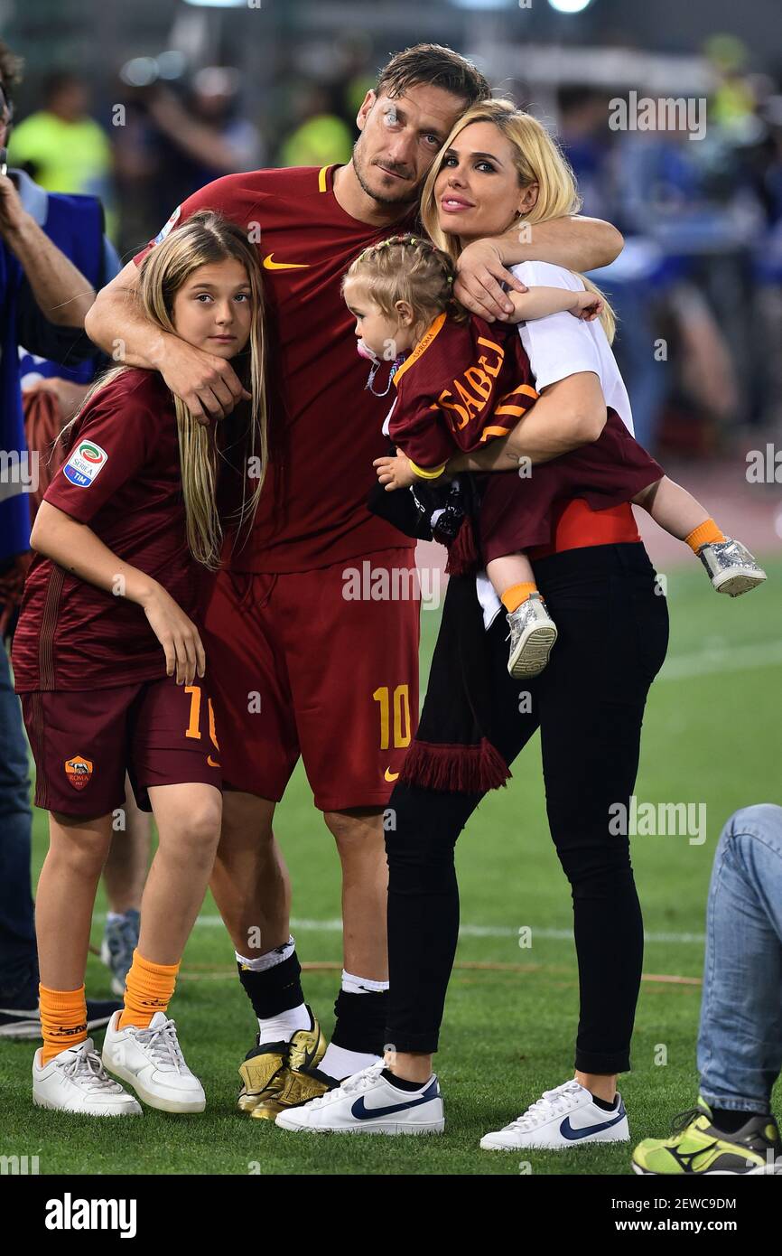Francesco Totti with his wife Ilary Blasi and his daughters Isabel and  Chanel during his last match with A.S. Roma. Olympic stadium. Rome (Italy),  May 28th, 2017 (Photo by Massimo Insabato/Mondadori Portfolio/Sipa
