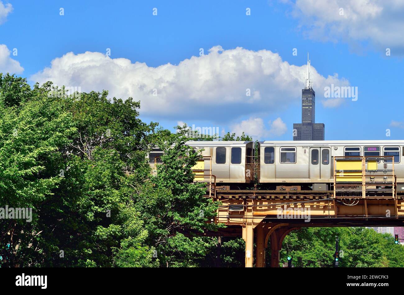 Chicago, Illinois, USA. A rapid transit train on an elevated structure
