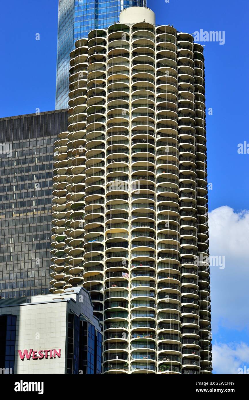 Chicago, Illinois, USA/ The corn cob-shaped towers of Marina City, a mixed-use residential/commercial building complex completed in 1968. Stock Photo