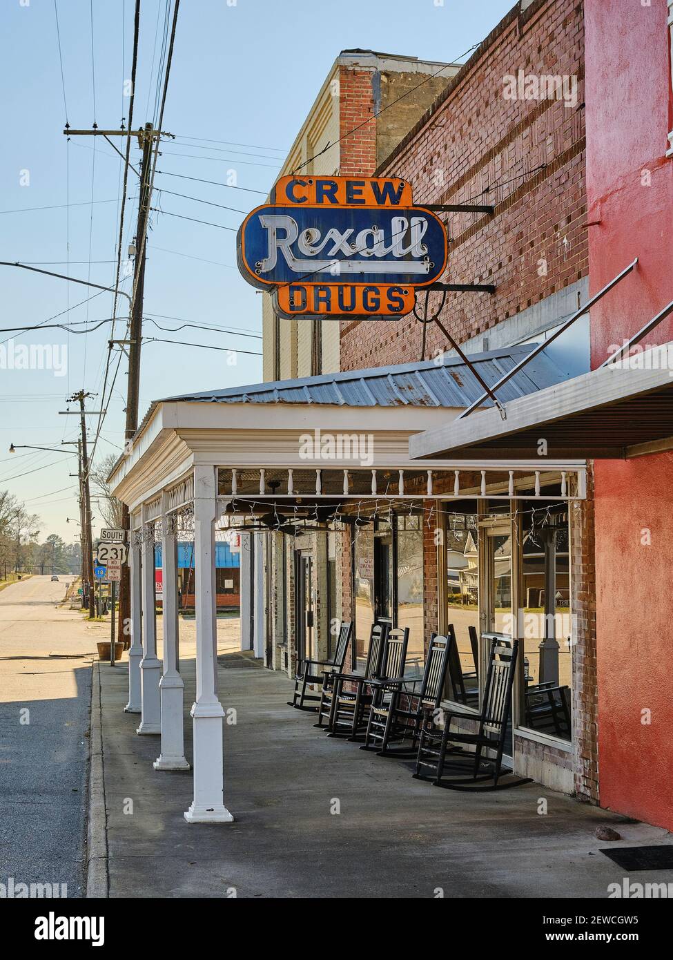 Small town USA Rexall drug store or pharmacy in rural Rockford Alabama, United States. Stock Photo