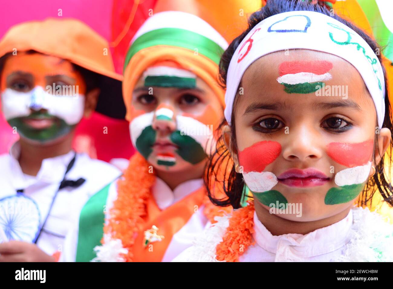 Indian first step school children paint the tricolor of Indian flag on ...
