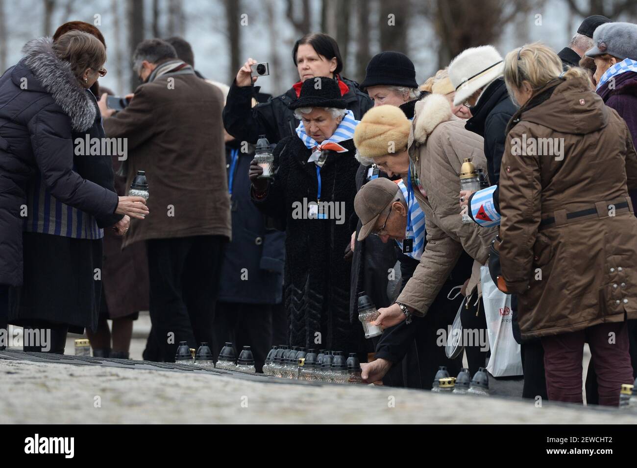 The Auschwitz camp survivers accompanied by their families lay candles at the Victims Monument on the day of the 71st Anniversary of the Liberation of the former Nazi German Concentration and Extermination Camp in Auschwitz-Birkenau.  Brzezinka (Auschwitz-Birkenau) camp, Oswiecim, Poland. On 27 January 2016. Stock Photo