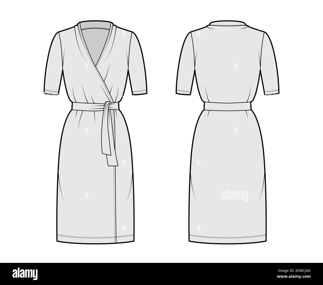 Wrap dress technical fashion illustration with deep V-neck, short sleeves,  oversized, knee length, pencil cut, tie. Flat apparel template front, back,  grey color style. Women, men unisex CAD mockup Stock Vector Image