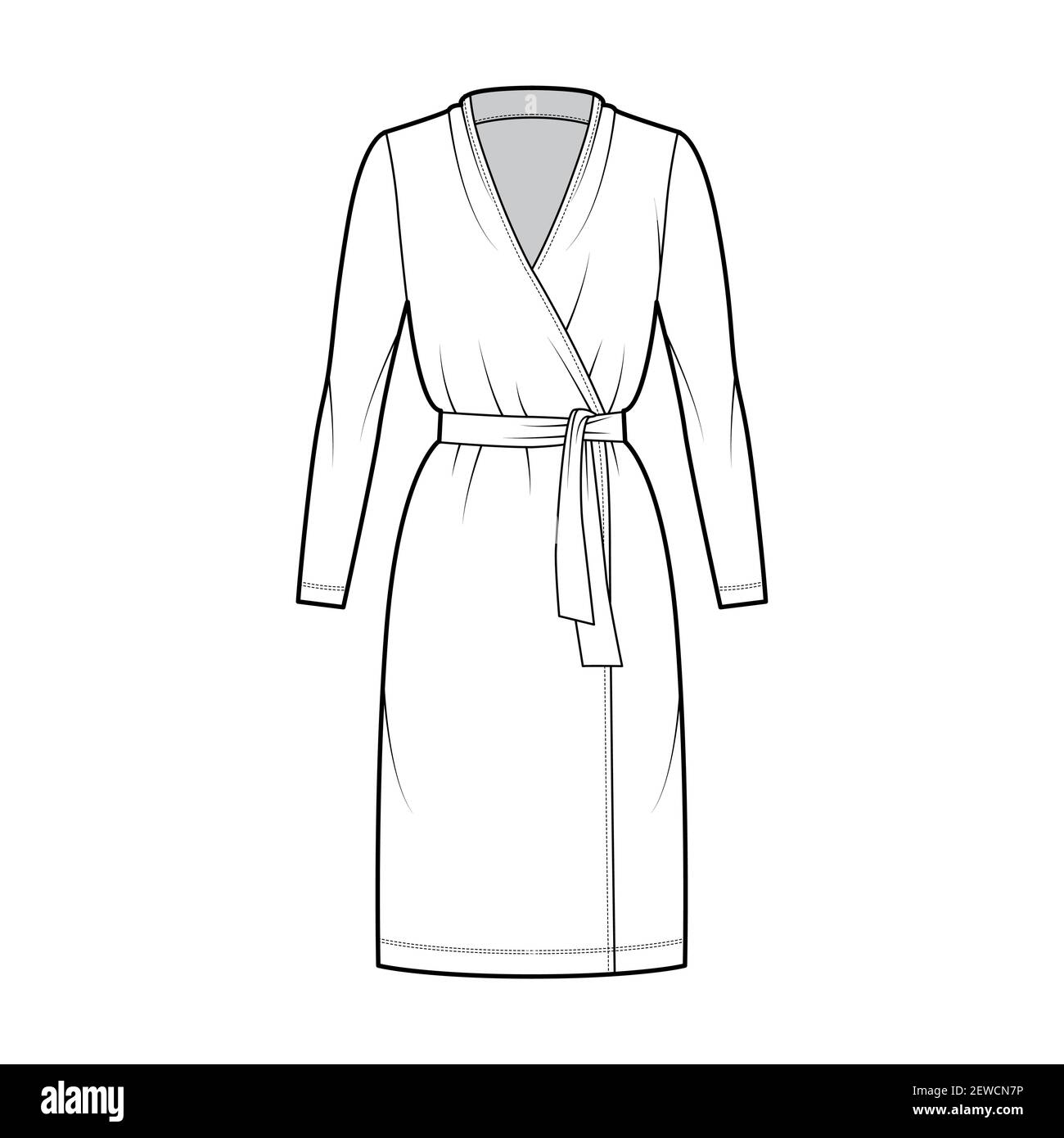 Wrap dress technical fashion illustration with deep V-neck, long sleeves, oversized, knee length, pencil cut, tie. Flat apparel template front, white color style. Women, men unisex CAD mockup Stock Vector