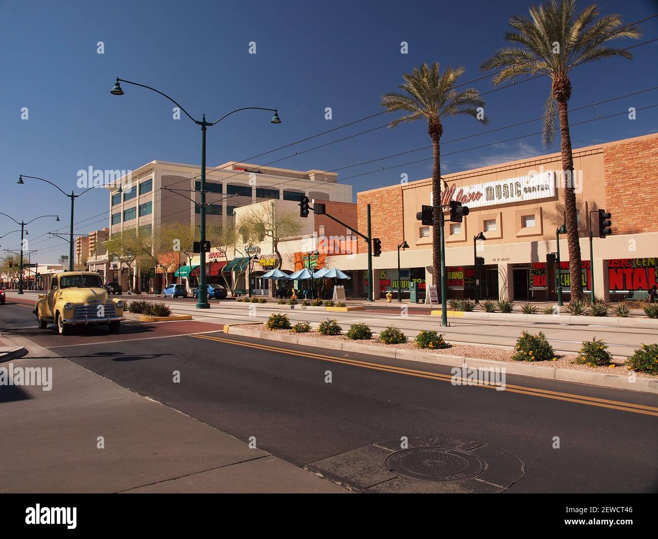 Mesa, Arizona downtown showing modern development and light rail system