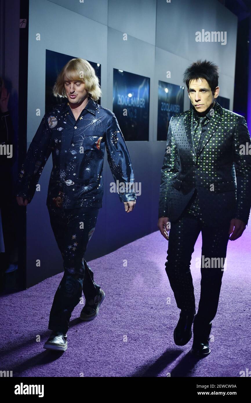 Actors Owen Wilson and Ben Stiller walk down the purple carpet in character  at the "Zoolander 2" World Premiere at Alice Tully Hall in New York Stock  Photo - Alamy