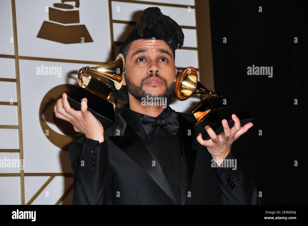 The Weeknd at the 58th annual Grammy Awards Press Room held at the Los Angeles Convention Center