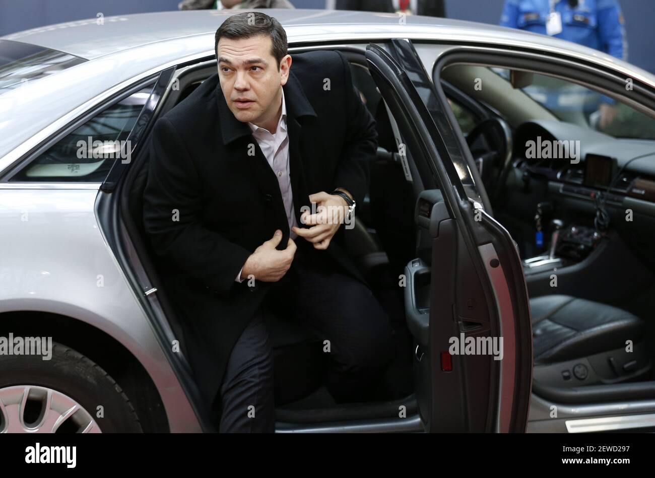 Greek Prime Minister Alexis Tsipras arrives at an two-day European Union (EU) summit at the EU headquarters in Brussels, Belgium, Feb. 18, 2016. (Xinhua/Ye Pingfan)  (Photo by Xinhua/Sipa USA) Stock Photo