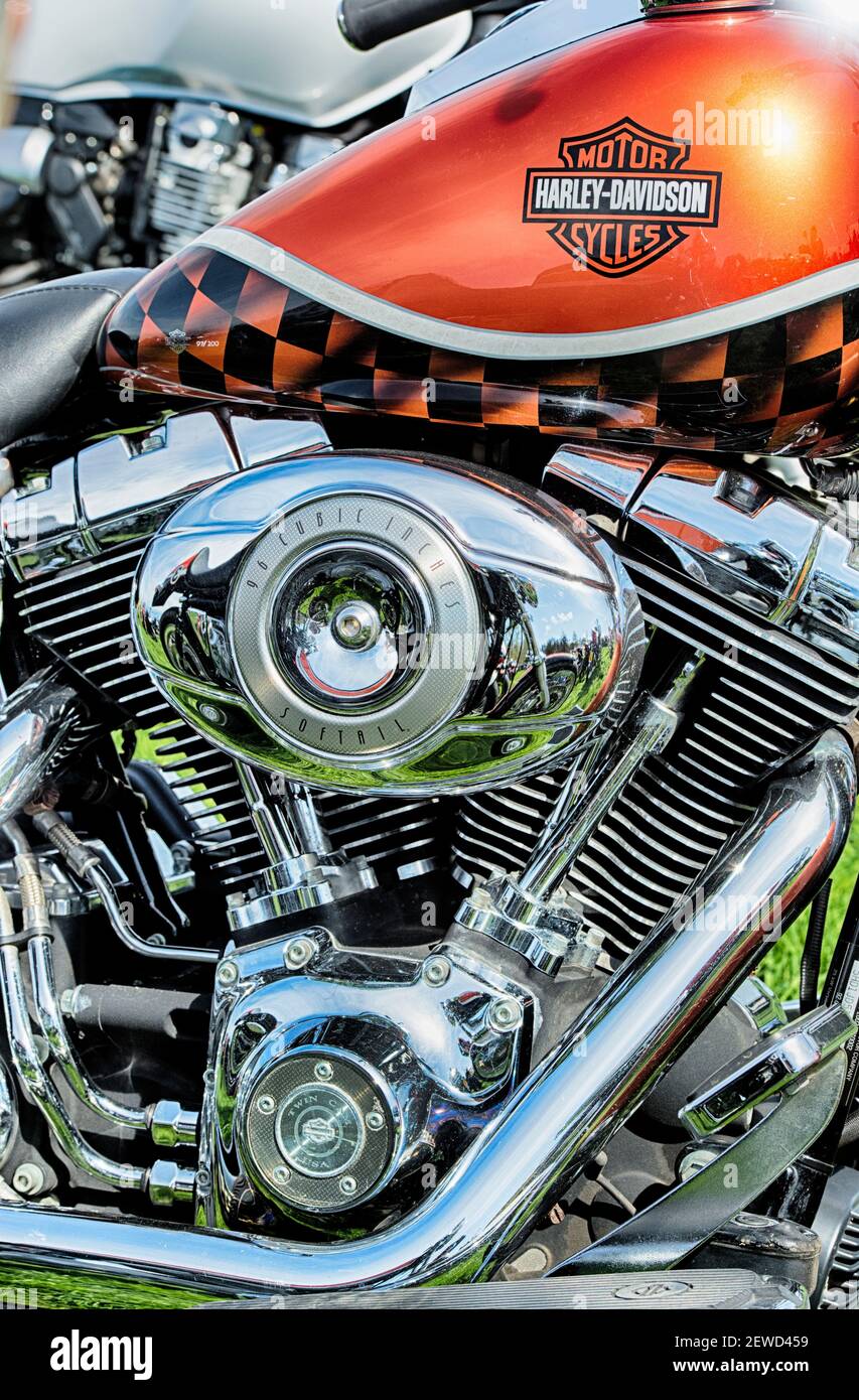 Harley Davidson softail motorcycle v twin engine detail. UK Stock Photo