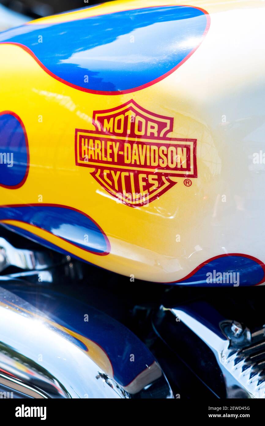 Harley Davidson motorcycle petrol tank with custom flame paintwork detail. UK Stock Photo