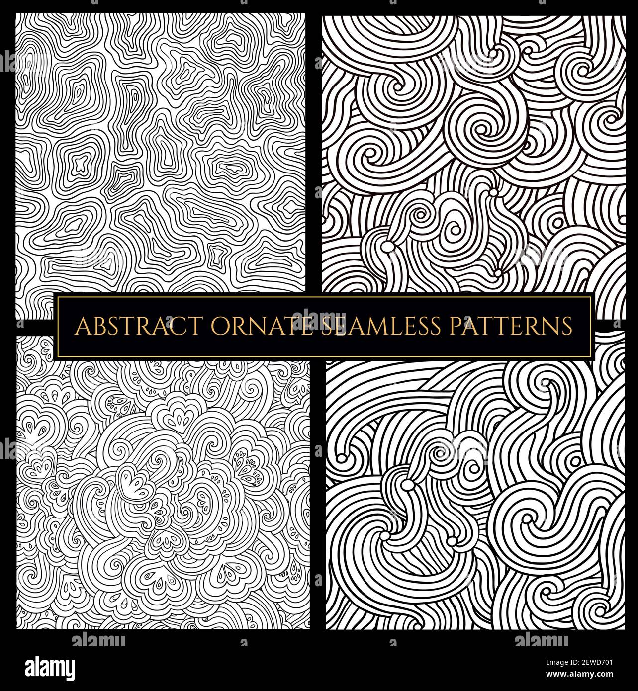 Set of black and white abstract patterns with floral and plant elements. Stock Vector