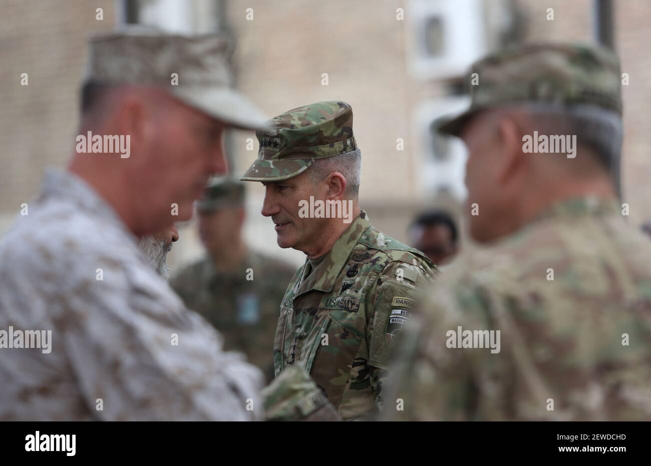 U.S. army General John W. Nicholson, Jr., new commander of the NATO-led Resolute Support (RS) in Afghanistan and U.S. forces, attends a change of command ceremony at the RS headquarters in Kabul, capital of Afghanistan, March 2, 2016. U.S. army General John W. Nicholson, Jr. assumed the command of the NATO-led Resolute Support (RS) in Afghanistan and U.S. forces from his fellow countryman, General John F. Campbell on Wednesday. (Xinhua/Rahmat Gul/pool) (Photo by Xinhua/Sipa USA) Stock Photo