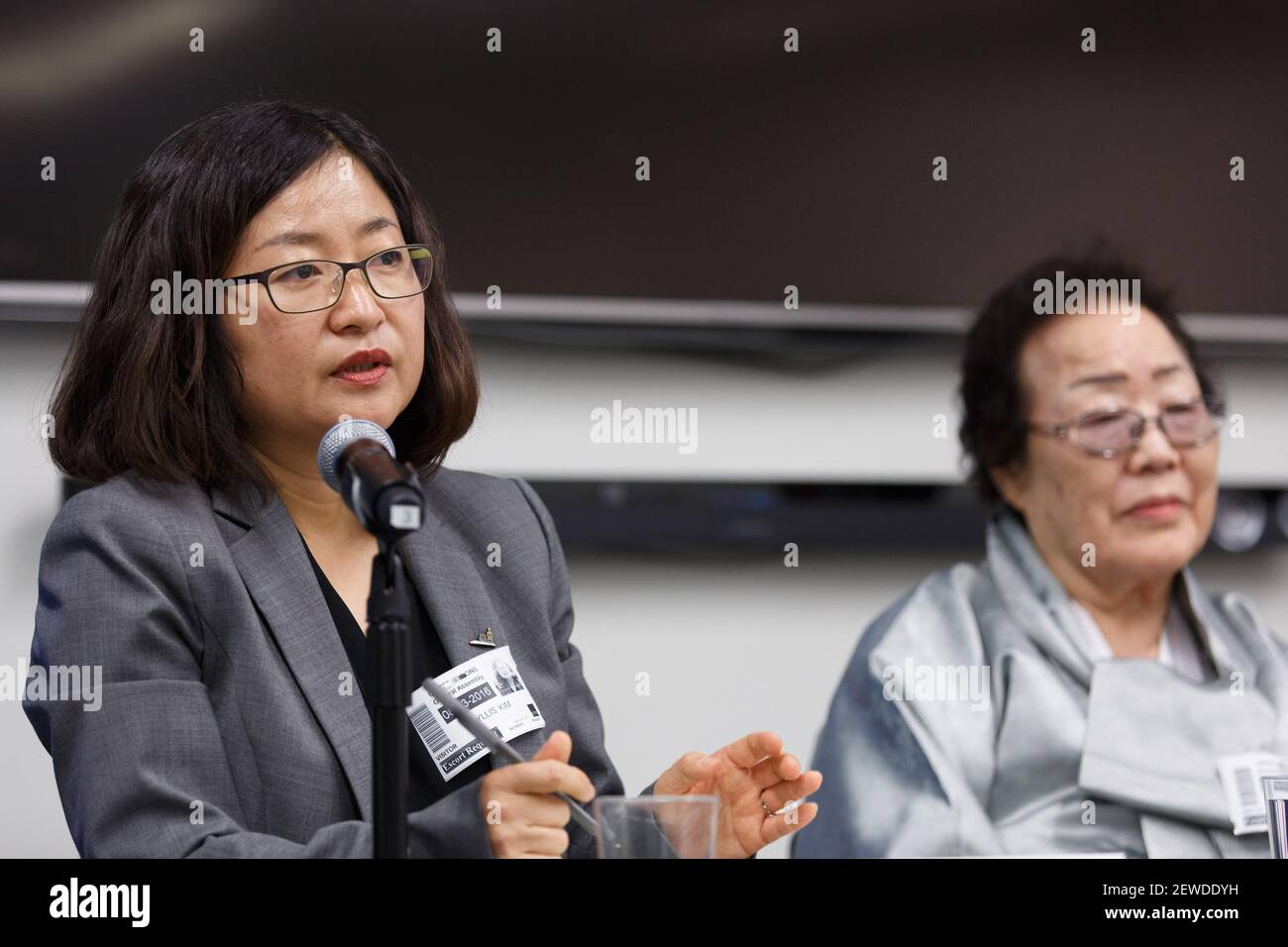 Phyllis Kim(L) from Korean American Forum of California, speaks during a  press conference with Yongsoo Lee, at the United Nations headquarters in  New York, March 8, 2016. (Xinhua/Li Muzi) (Photo by Xinhua/Sipa