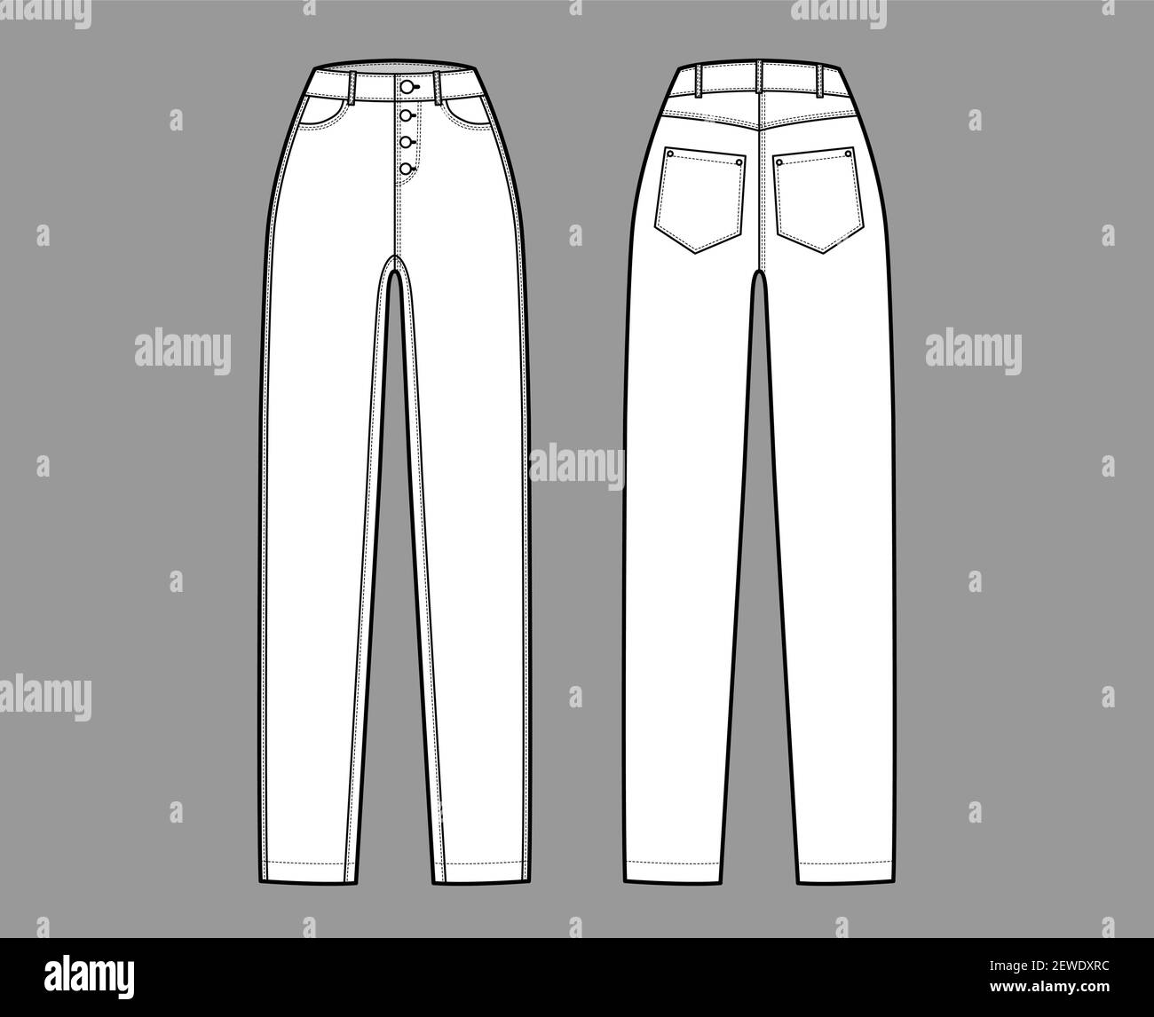 Jeans botton fly tapered Denim pants technical fashion illustration ...