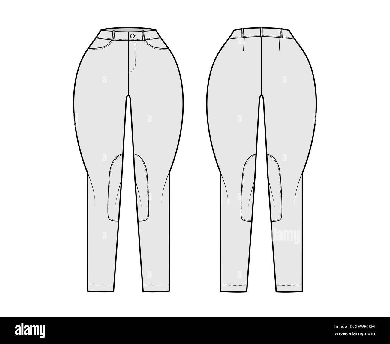 Jeans Classic Jodhpurs Denim pants technical fashion illustration with  normal waist, rise, pockets, belt loops, full lengths. Flat apparel  template front back, grey color style. Women, men CAD mockup Stock Vector  Image
