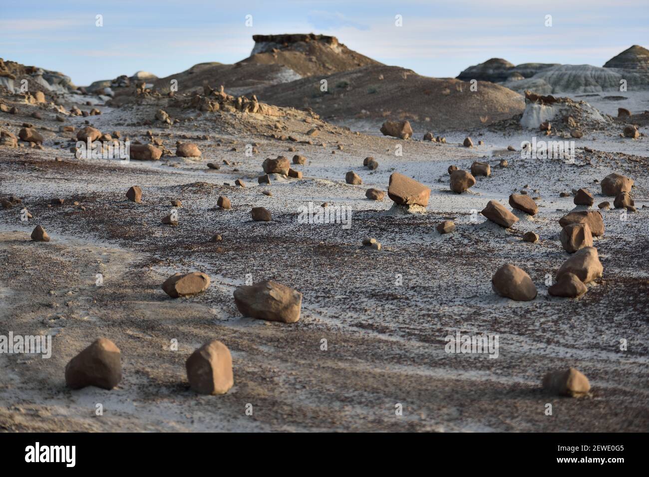 A rocky area of the Bisti/De-Na-Zin Wilderness in New Mexico pictured on April 9, 2016. The area was once a delta that lay to the west of the Western Interior Seaway 70 million years ago, and the badlands  were formed by the erosion of the sandy Ojo Alamo Formation. (Photo by Alex Milan Tracy) *** Please Use Credit from Credit Field *** Stock Photo