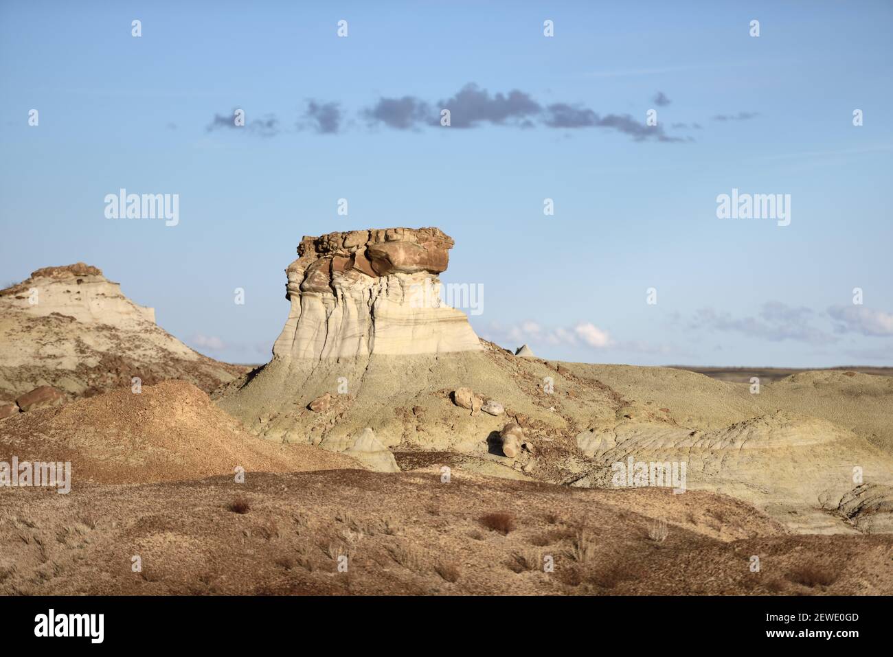 A formation in the Bisti/De-Na-Zin Wilderness in New Mexico pictured on April 9, 2016. The area was once a delta that lay to the west of the Western Interior Seaway 70 million years ago, and the badlands  were formed by the erosion of the sandy Ojo Alamo Formation. (Photo by Alex Milan Tracy) *** Please Use Credit from Credit Field *** Stock Photo