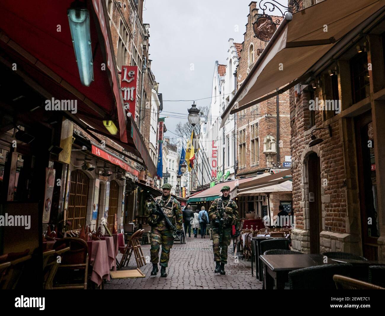 Military forces patrolling in the touristic area in Brussels, Belgium, on April 25 2016.  A month ago, a terrorist attack killed 16 people and wounded many more in the Belgium capital. (Photo by Aurore Belot) *** Please Use Credit from Credit Field *** Stock Photo