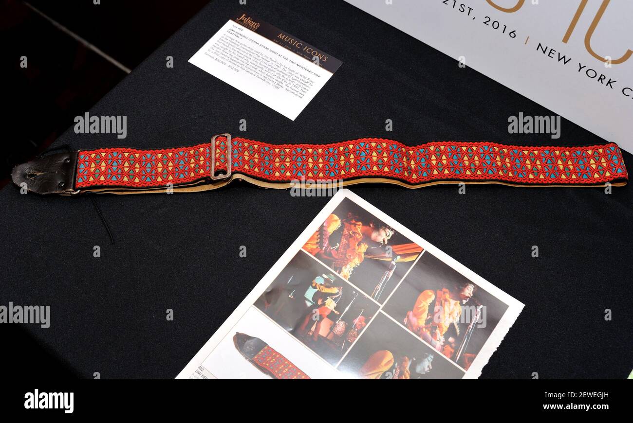 Guitar strap used by Jimi Hendrix at the 9167 Monterey Pop Festival on  display at the Music Icons auction preview at the Hard Rock Cafe in New  York, NY on May 16,