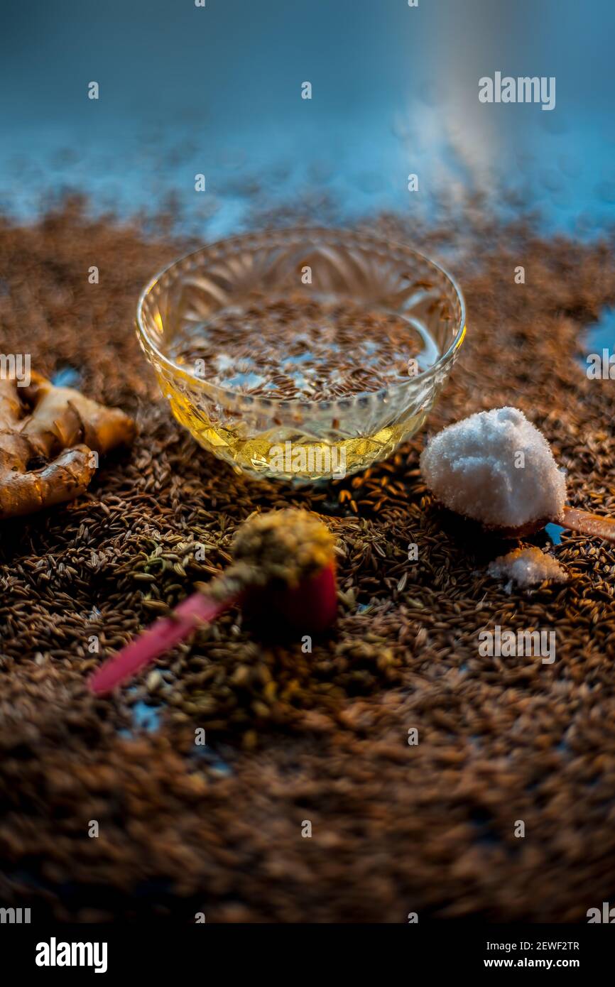 Shot of cumin seeds, sea salt, ginger powder,fennel seeds on brown