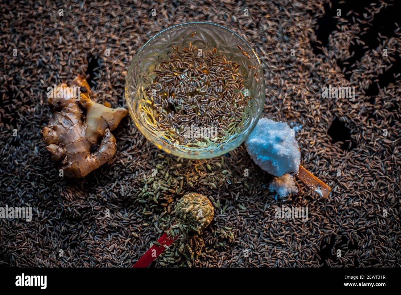Shot of cumin seeds, sea salt, ginger powder,fennel seeds on brown