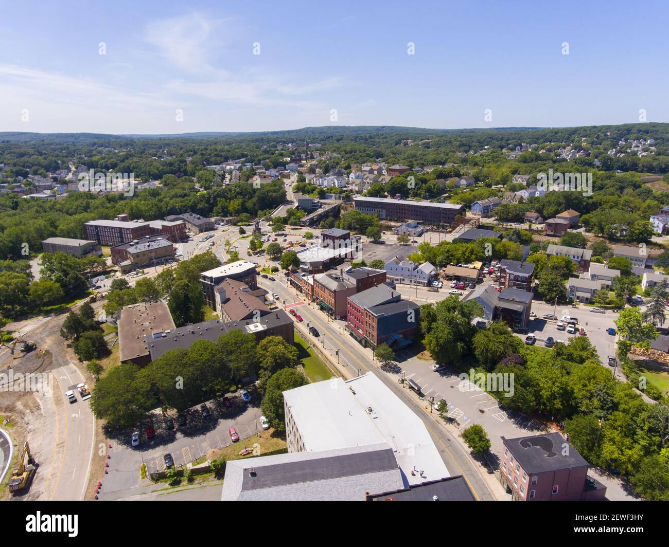 Woonsocket Main Street Historic District aerial view in downtown Woonsocket, Rhode Island RI, USA. Stock Photo