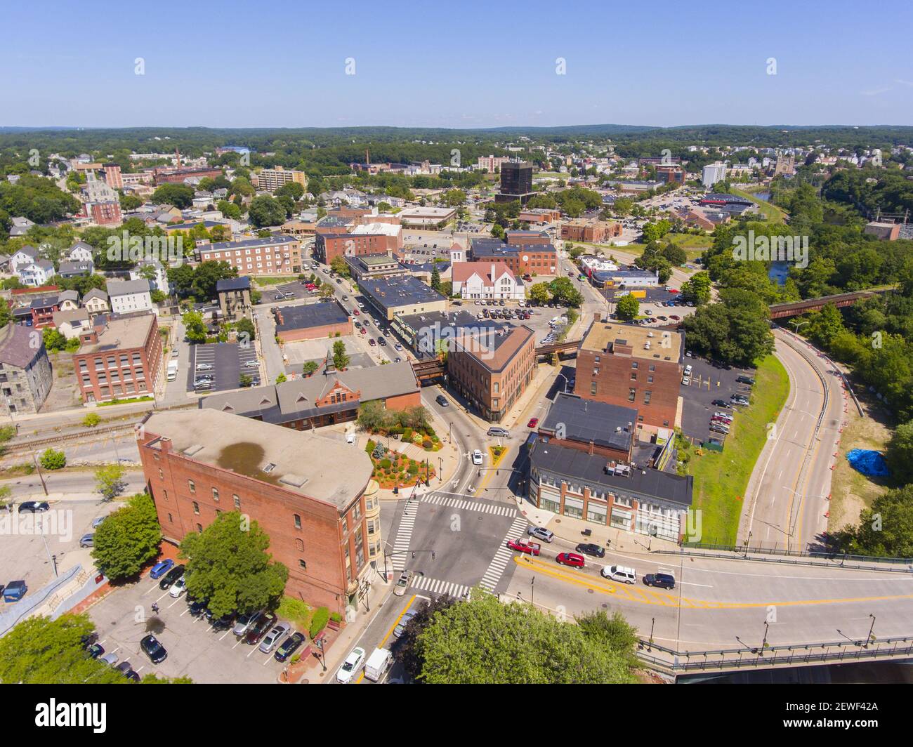 Woonsocket Main Street Historic District aerial view in downtown Woonsocket, Rhode Island RI, USA. Stock Photo