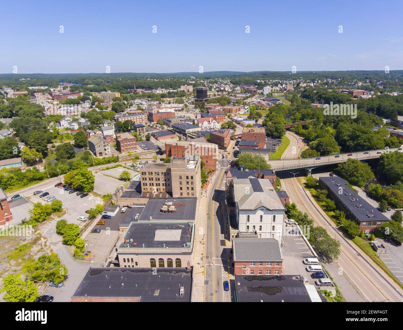 Woonsocket City Hall and Main Street Historic District aerial view in