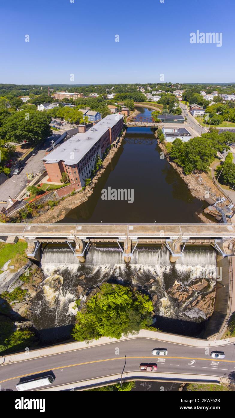 Blackstone River and Woonsocket Falls Dam top view in downtown