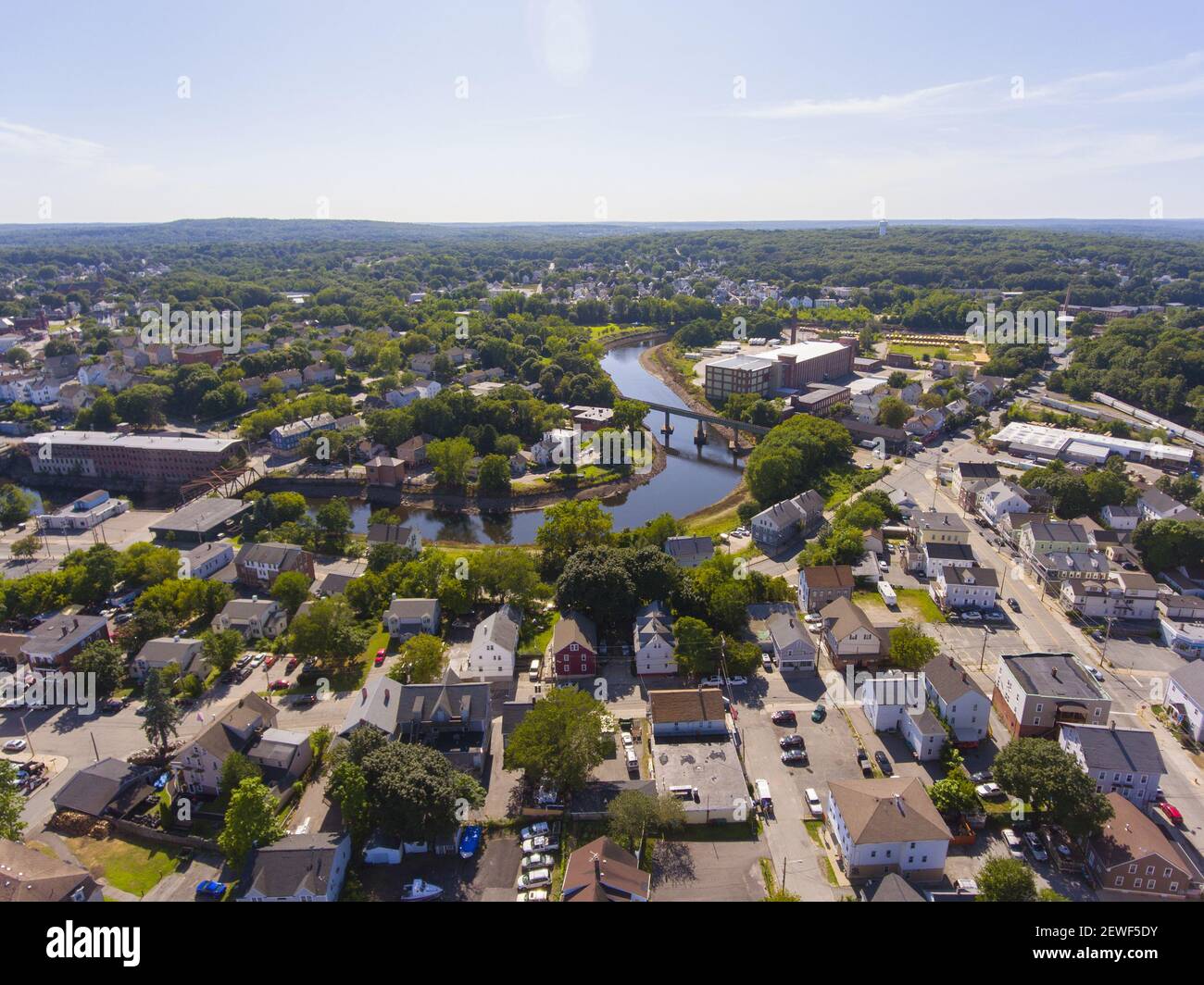 Blackstone River and Woonsocket Falls Dam top view in downtown Woonsocket, Rhode Island RI, USA. Stock Photo