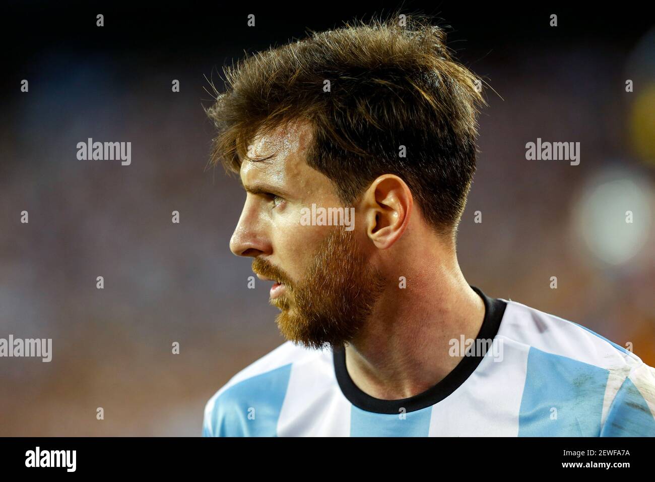 Argentina's Lionel Messi looks on during the final of 2016 Copa America  Centenario soccer tournament at the Metlife Stadium in New Jersey, the  United States on June 26, 2016. Chile defeated Argentina, image size:1300x956