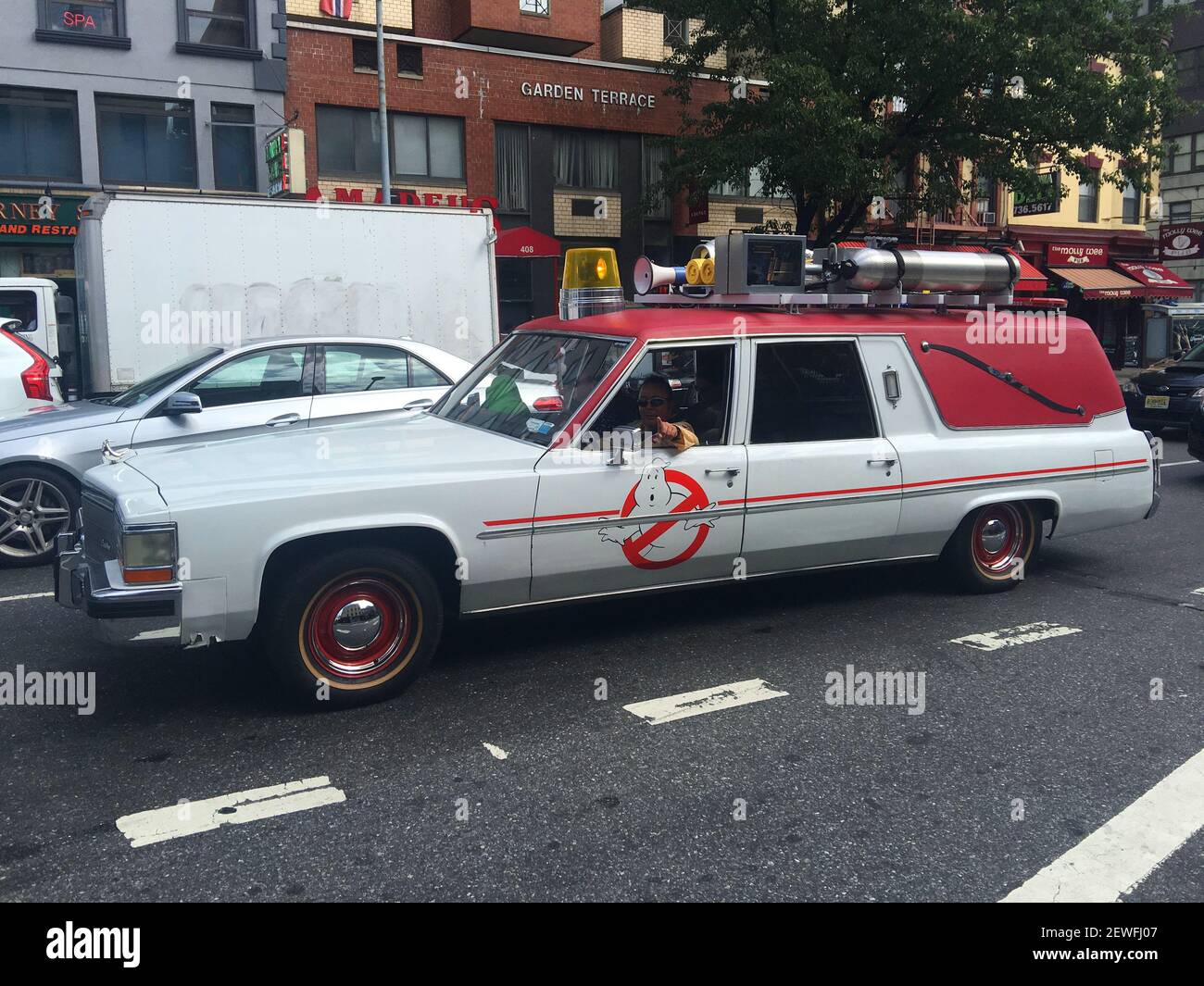 Atmosphere at Ghostbuster Ecto-1 Car Sighting in Manhattan - Promotion of new Ghostbusters Movie  on July 15, 2016 in New York City, USA. (Photo by Steve Eichner) Stock Photo