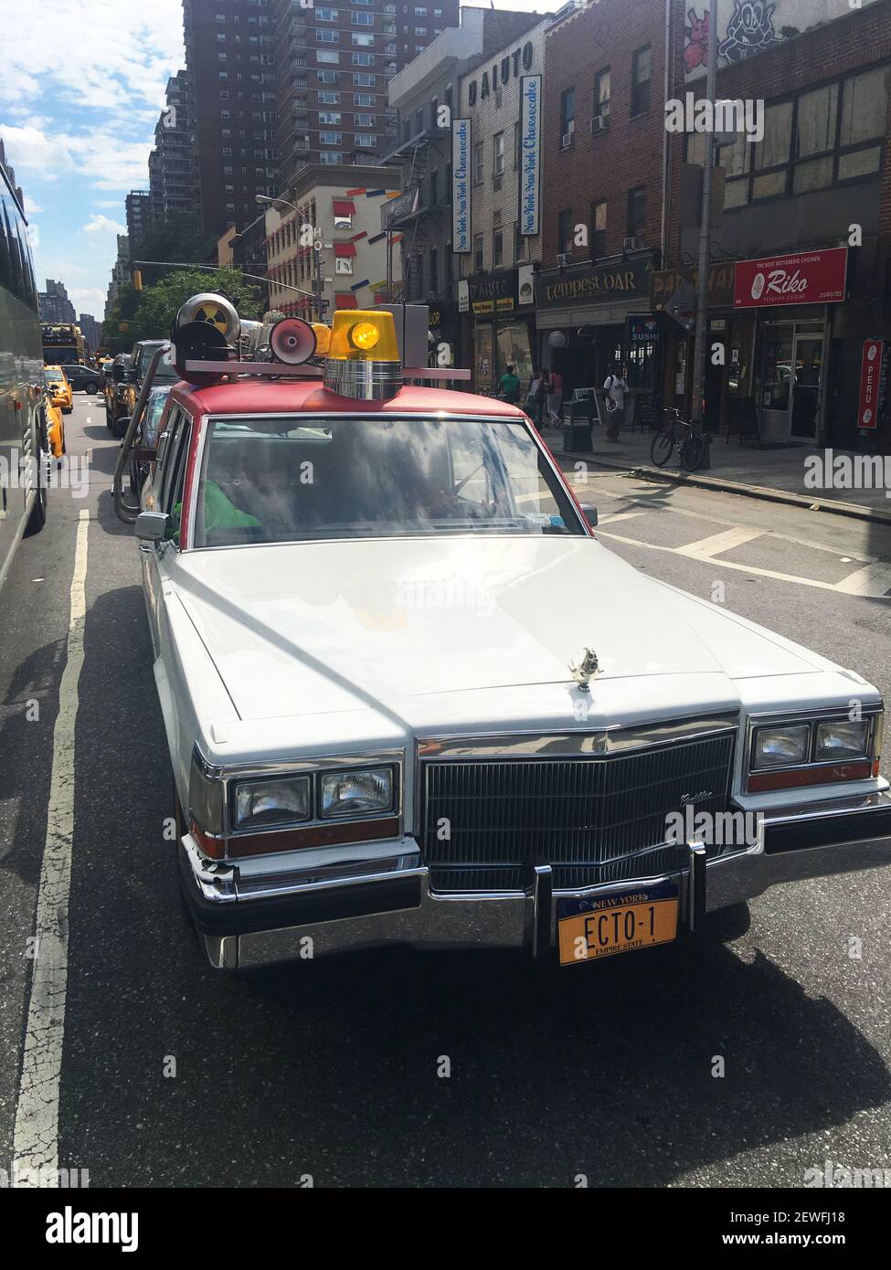 Atmosphere at Ghostbuster Ecto-1 Car Sighting in Manhattan - Promotion of new Ghostbusters Movie  on July 15, 2016 in New York City, USA. (Photo by Steve Eichner) Stock Photo