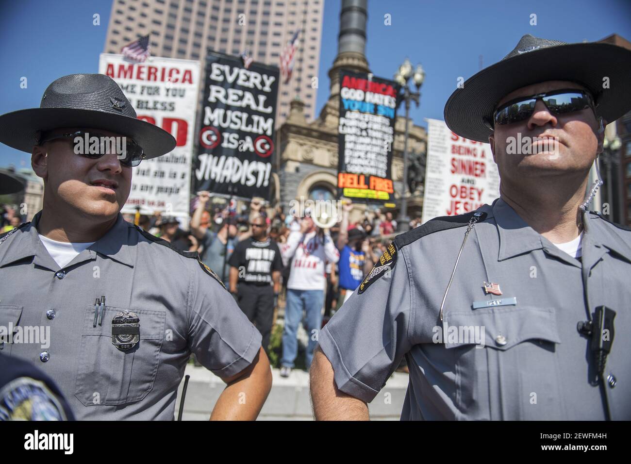 UNITED STATES - JULY 19: Police stand guard in the Public Square near the Republican National Convention at the Quicken Loans Arena in Cleveland, Ohio, July 19, 2016. (Photo By Tom Williams/CQ Roll Call) *** Please Use Credit from Credit Field *** Stock Photo