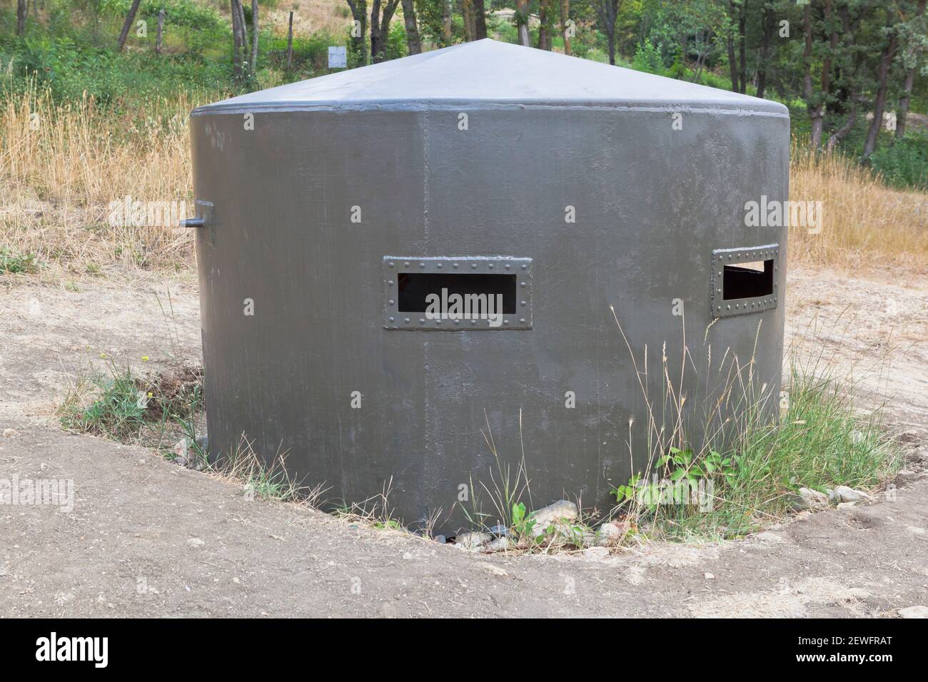 Sevastopol, Crimea, Russia - July 28, 2020: Metal bunker in the exposition of defensive fortifications and captured artillery of German troops on Sapu Stock Photo
