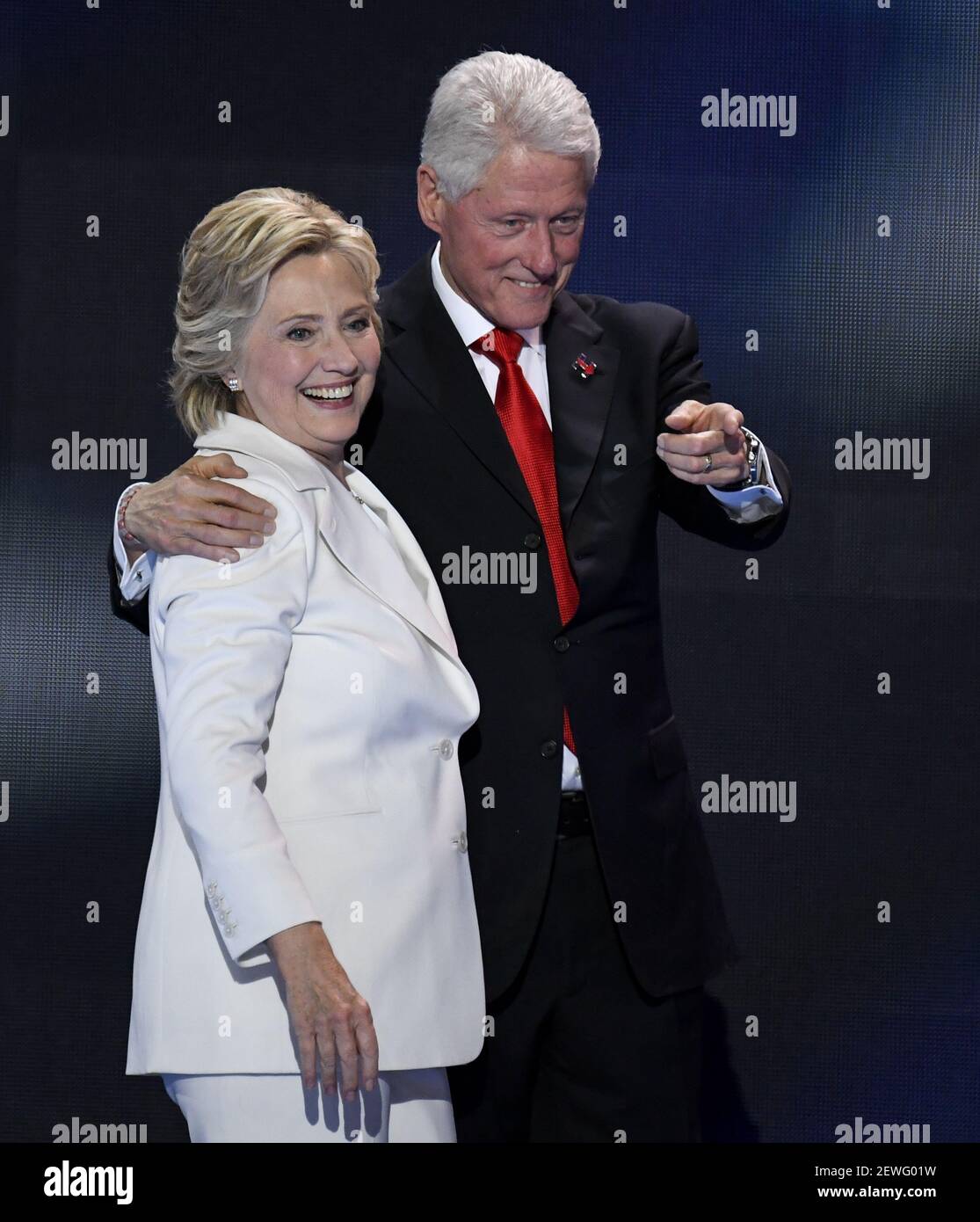 Bill Clinton joins Hillary Clinton on stage after her acceptance speech for the nomination to be President at the Democratic National Convention in Philadelphia on Thursday, July 28, 2016. (Photo By Bill Clark/CQ Roll Call) *** Please Use Credit from Credit Field *** Stock Photo