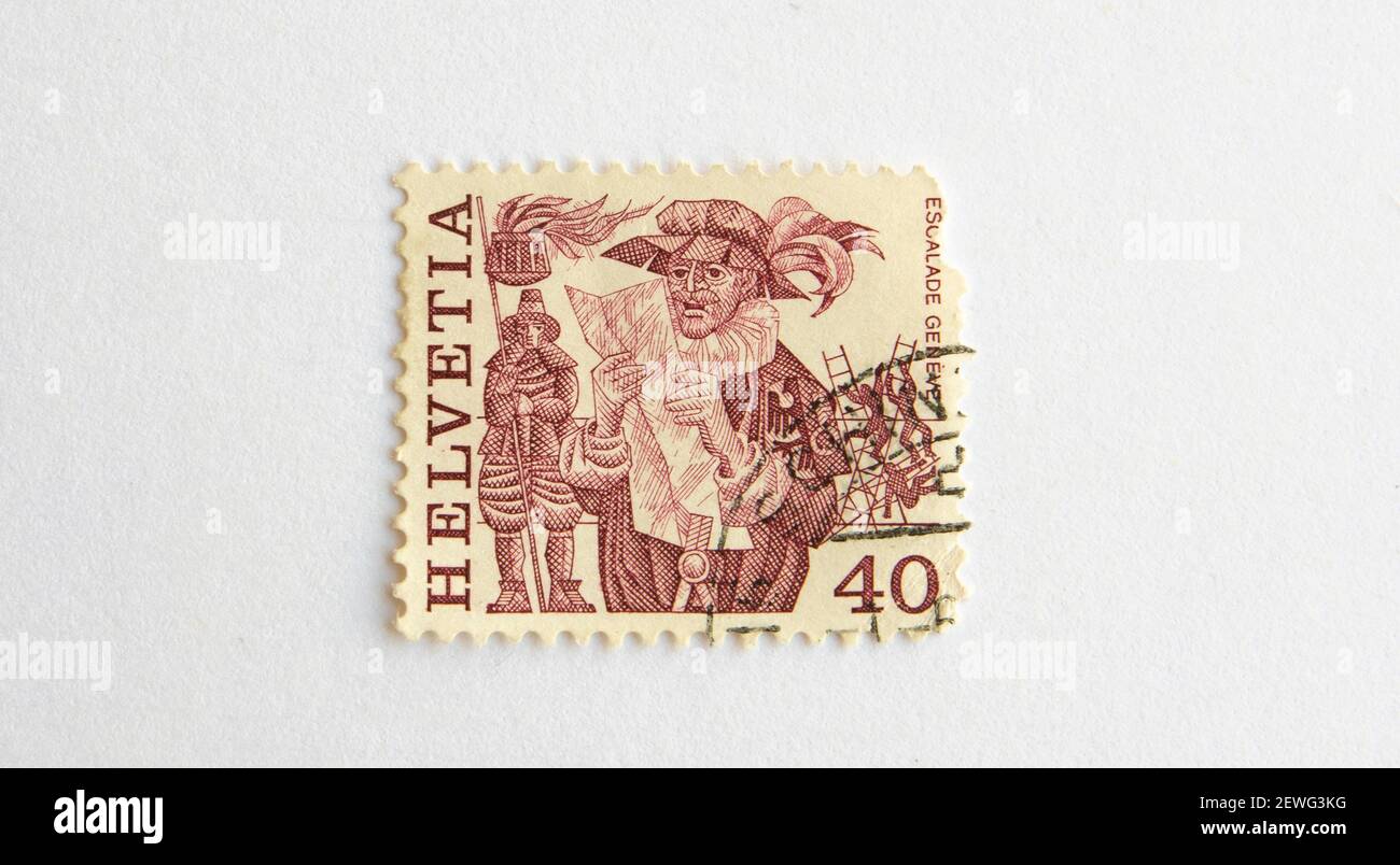 03.03.2021 Turkey. Postage Stamp. Helvetia Switzerland stamp : A stamp printed in Switzerland shows the celebration Escalade Geneve circa 1979 Stock Photo