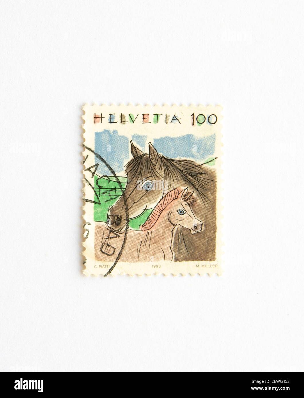 03.03.2021 İstanbul Turkey. Postage Stamp. Helvetia Celestino Piatti-- Horse and Other Wise Creatures Stock Photo
