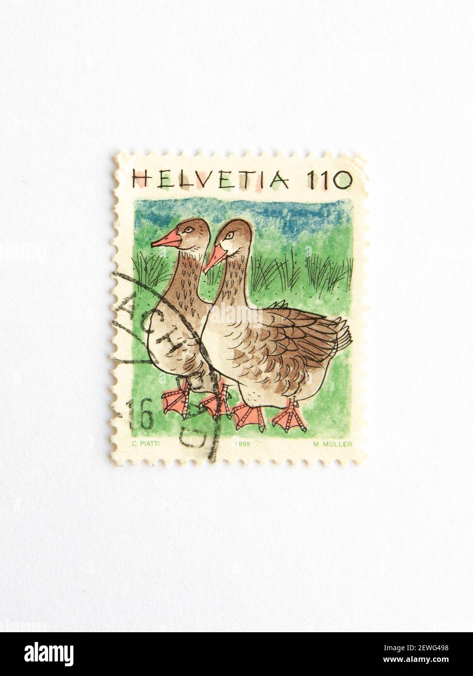 03.03.2021 İstanbul Turkey. Postage Stamp. Helvetia Celestino Piatti-- Ducks and Other Wise Creatures Stock Photo