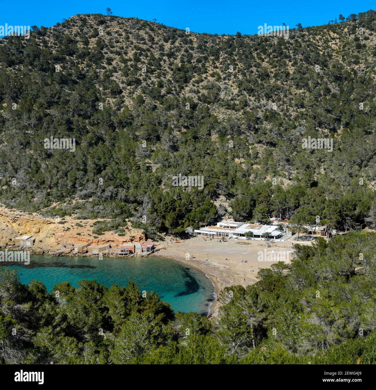 Benirras beach, Ibiza, Spain - January 31, 2020: Panoramic view of the Benirras beach. In the north of the island of Ibiza. Surrounded by pine forests Stock Photo